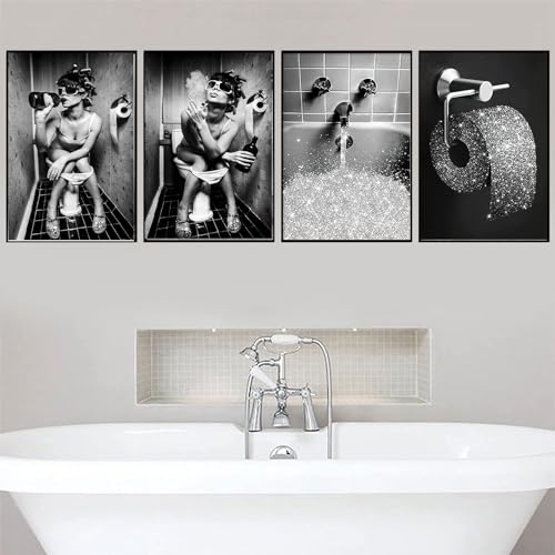 LYBOHO Badezimmer Bilder Schwarz Weiß Set, Modebewusste Dame Bilder Set,Vintage Leinwand Bilder Poster Toilette Badezimmer Wohnkultur - Ohne Rahmen (4PCS-30x40cm) von LYBOHO