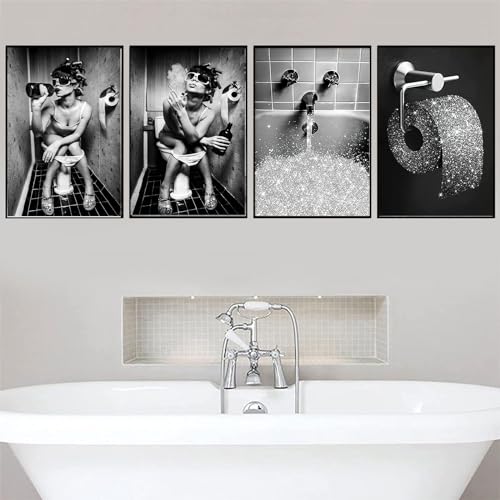 LYBOHO Badezimmer Bilder Schwarz Weiß Set, Modebewusste Dame Bilder Set,Vintage Leinwand Bilder Poster Toilette Badezimmer Wohnkultur - Ohne Rahmen (4PCS-40x60cm) von LYBOHO