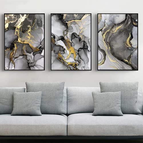 LYBOHO Wandbilder Wohnzimmer Grau Golden Fluid Art Marmor Textur Abstrakte Wandkunst Leinwand Bilder - Ohne Rahmen (Marmoriert 2, 3PCS-50x70cm) von LYBOHO