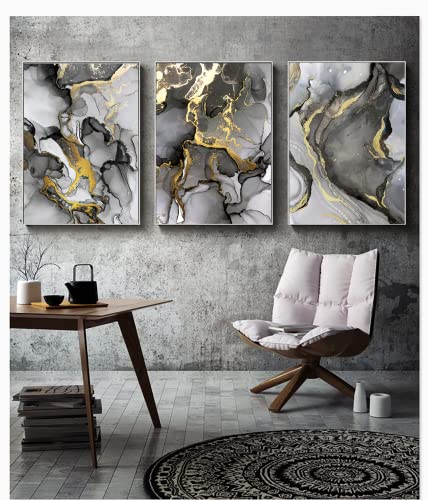 LYBOHO Wandbilder Wohnzimmer Grau Golden Fluid Art Marmor Textur Abstrakte Wandkunst Leinwand Bilder - Ohne Rahmen (Marmoriert 2, 3PCS-70x100cm) von LYBOHO