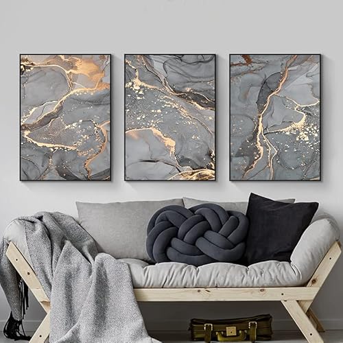 LYBOHO Wandbilder Wohnzimmer Grau Golden Fluid Art Marmor Textur Abstrakte Wandkunst Leinwand Bilder - Ohne Rahmen (Marmoriert 3, 3PCS-40x60cm) von LYBOHO