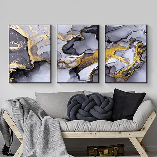 LYBOHO Wandbilder Wohnzimmer Grau Golden Fluid Art Marmor Textur Abstrakte Wandkunst Leinwand Bilder - Ohne Rahmen (Marmoriert 5, 3PCS-70x100cm) von LYBOHO