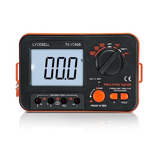 LYCEBELL Digitale Isolationswiderstandstester LC-VC60B Megohmmeter 0,1~200 MΩ Isolations Tester mit Hintergrundbeleuchtung Display, DC 250V/500V/1000V, AC 750V Prüfspannung mit Tonlichtalarmfunktion von LYCEBELL