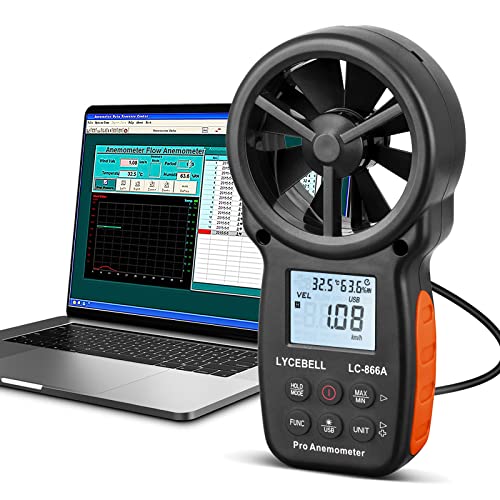 LYCEBELL Handheld Anemometer, LC-866A Digital Windmesser Misst Windgeschwindigkeit/Temperatur/Relativer Luftfeuchtigkeit, mit USB-Anschluss an PC, für CFM Windsurfen Segeln Angeln von LYCEBELL