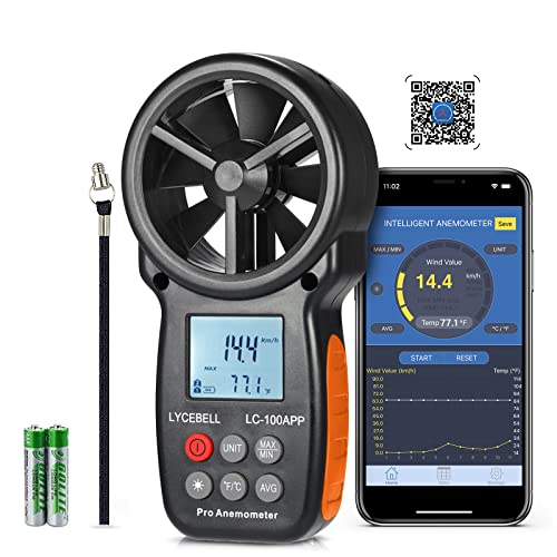 LYCEBELL Windmesser Windmessgerät mit APP, LC-100-APP Digital Anemometer, APP Connect mit drahtlosem Bluetooth, zur Überwachung von Windkälte/Geschwindigkeit/Temperatur, mit Hintergrundbeleuchtung von LYCEBELL