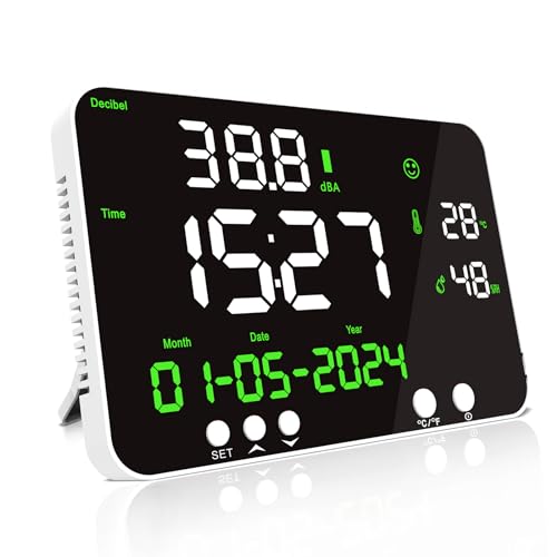 LYCEBELL Schallpegelmesser zum Aufhängen Digitales Dezibel-Messgerät Temperatur Luftfeuchtigkeits- und Geräuschmessgerät, Wandhalterung30~130 dB, 11 Zoll großer LED-Bildschirm von LYCEBELL