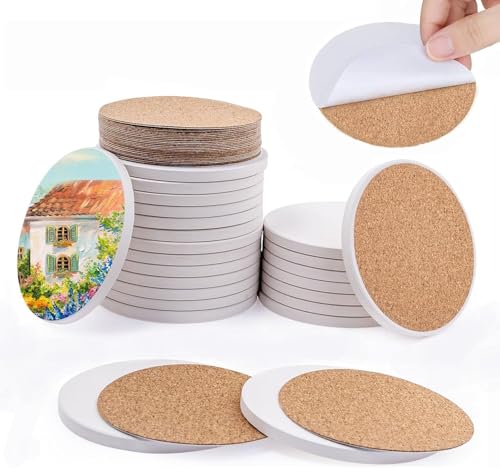 24 Stück Weiße Keramik Untersetzer,10×10cm Runde Unglasierte Fliesen Untersetzer Leer Absorbierende Unglasierte Untersetzer mit Nicht Gleitender Kork-Basis für DIY Craft Topfuntersetzer Gläser Tassen von LYCN