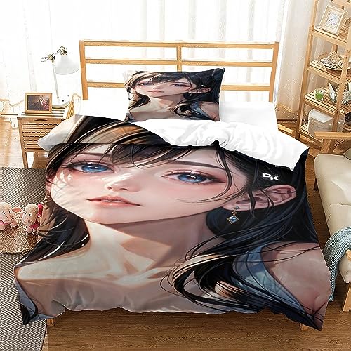 LYCREW AI Anime Girls Bettbezug 3D Drucken Set, Sexy Mikrofaser Weiche Mit Reißverschluss Und Kissenbezüge, 3-teiliges Set, Geeignet Für Jugendliche Und ErwachseneSingle（135x200cm） von LYCREW