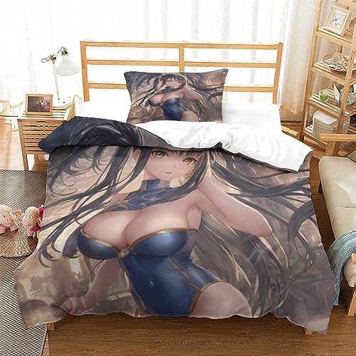 LYCREW AI Anime Girls Bettwäsche 3D Sexy Bettbezug Mikrofaser Bettwäsche-Sets, Bettbezüge Mit Reißverschluss Und Kissenbezüge 3 Teilig Sets Single（135x200cm） von LYCREW