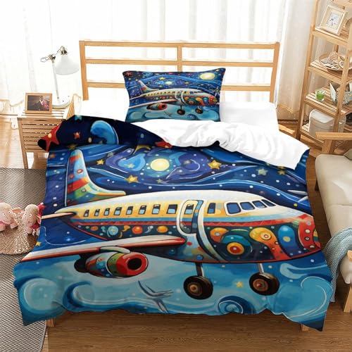 LYCREW Bunte Flugzeuge Bettwäsche Teilig Mikrofaser AI Design Bettbezüge Jungs Kinderbettwäsche Set Mit Reißverschluss Und Kissenbezug 3 Teilig Sets Single（135x200cm） von LYCREW