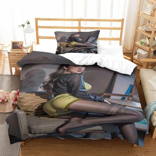 LYCREW Sexy Mädchen 3D Bettwäsche Set Drucken AI Design Betten Set Jugendliche Bettbezug Mit Mikrofaser Reißverschluss Schließung Kopfkissenbezug Weich Haltbar Atmungsaktive Single（135x200cm） von LYCREW