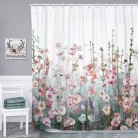 Bunter quadratischer Duschvorhang für Badezimmer, modern, dekorativ, rosa Blumen, mehrfarbig, wasserdichter Polyester-Duschvorhang mit 12 weißen von LYCXAMES