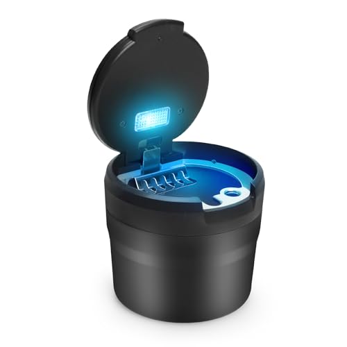 LYCXAMES Auto Aschenbecher, Tragbarer Edelstahl Fahrzeug Rauchfreien Aschenbecher Zigarette mit Deckel & LED Beleuchtet für Autos Vans Outdoor Camping, Schwarz von LYCXAMES