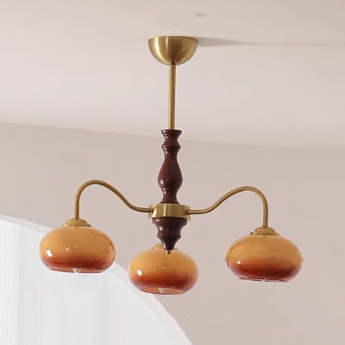3 Lichter Esszimmer Kronleuchter Bauernhaus Mid Century Modern Deckenleuchte Holz Orange Milchglas Lampe Vintage Gold Rustikale Pendelleuchte Für Kücheninsel Schlafzimmer Wohnzimm von LYDSB