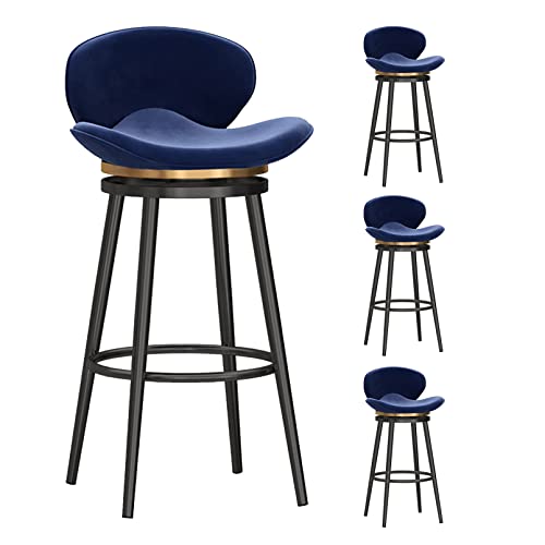 LYDSB 4er Set Moderne Samt Barhocker mit Drehstuhl Polstersitz Schwarze Metallbeine Fußstütze Niedrige Rückenlehne Design Blau Ideal für Küche und Bistro Höhe 360 Grad Drehung von LYDSB