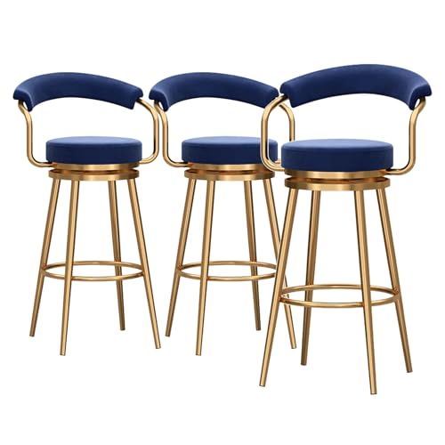 LYDSB Barhocker aus Samt, drehbar, Thekenhöhe, 3er-Set, gepolsterte Kücheninselstühle mit Rückenlehne, goldfarbene Metallbeine, blaue Sitzfläche, 75 cm von LYDSB
