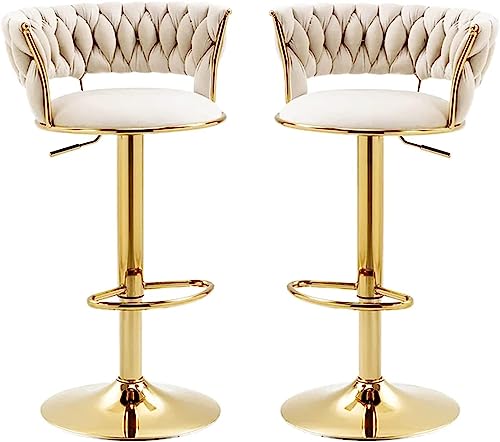 LYDSB Moderner verstellbarer Küchenhocker, 2er-Set, mit Samt-Rückenlehne, drehbar, Hochstühle für Zuhause, Esszimmer, weiße Barhocker, goldfarbene Fußstütze (65 - 80 cm) von LYDSB