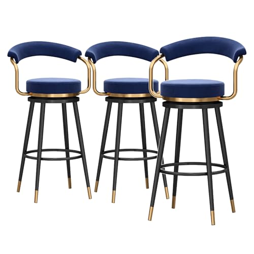 LYDSB Set mit 3 Samt-Drehhockern mit hohler Rückenlehne, moderne Polsterstühle für Küchentheke, hohe Barhocker, blaue Sitzfläche, 65 cm von LYDSB