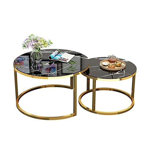 2er-Set runder Couchtisch-Set, schwarzer Beistelltisch mit Tischplatte in Marmoroptik und Metallrahmen, Sofa-Beistelltisch aus Glas, Snack-Tisch, Eck-Teetisch für Wohnzimmer (Größe: 80 cm + von LYDZT