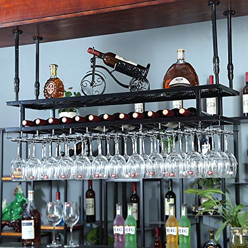 An der Decke montiertes Weinregal und Glashalter, verstellbares industrielles Weinregal für die Wand, 2-lagiger hängender Weinglasregalhalter für die Bar, Weinregal aus Metall und Eisen von LYDZT