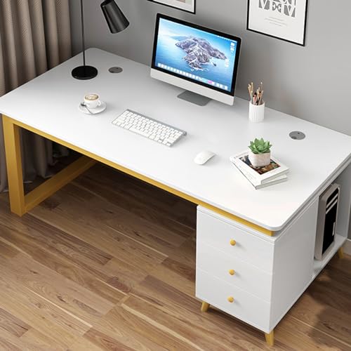 Computertisch mit Aufbewahrungsschublade, Industrieschreibtisch mit Monitorständer, moderner Arbeitsschreibtisch, Arbeitsplatz für Zuhause und Büro (120 cm, Weiß und Gold) von LYDZT