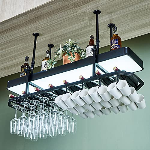 Hängendes Weinregal mit Lichtern, verstellbares Metall-Deckenbar-Weinglasregal mit Glashalter, Flaschenhalter aus Eisen, Weinregal für die Barküche von LYDZT