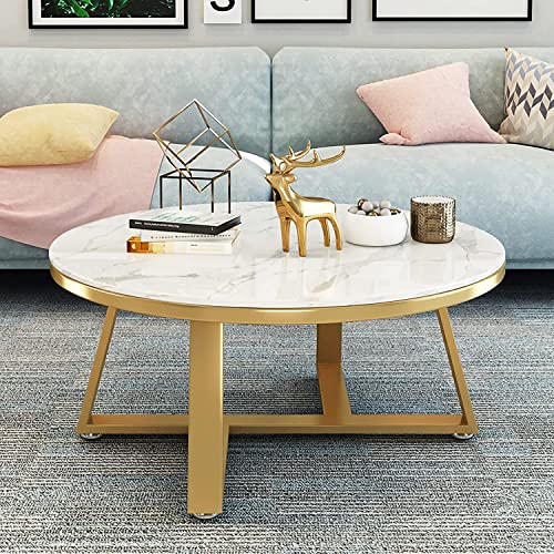 Moderner Wohnzimmer-Couchtisch, Marmor-Couchtisch, rund, moderner Wohnzimmer-Sofatisch, Marmorstruktur, Tischplatte, runder Mitteltisch mit Metallgrundrahmen und verstellbaren Fußpolstern, B von LYDZT