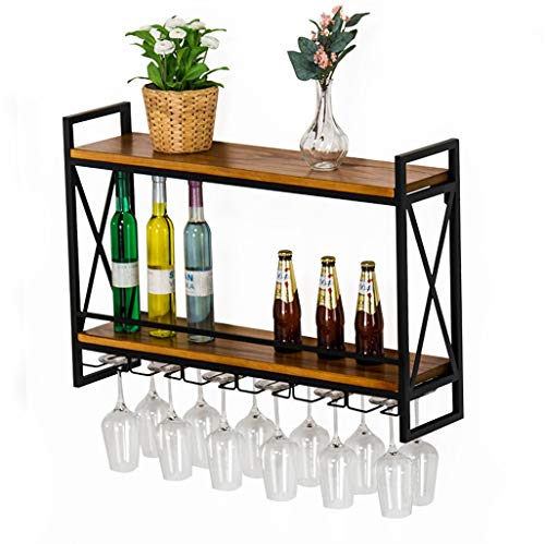 Vintage-Weinregal, Wandregal für Barküche, wandmontiertes 2-stöckiges Weinflaschenregal und Weinglasregal, rustikale schwebende Regale aus Metall und Holz (Größe: 100 x 20 x 55 cm) von LYDZT