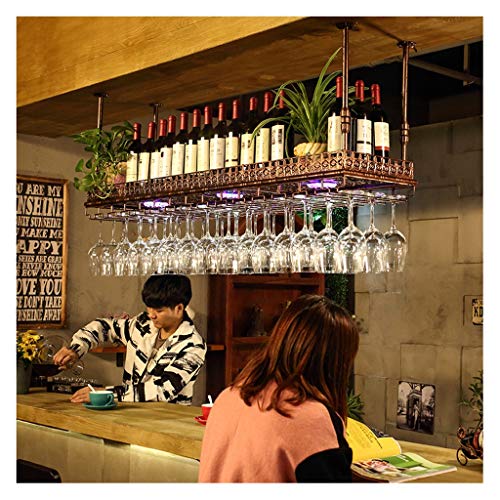 Weinglasregal für die Bar, kopfüber hängende Eisenregale an der Vorderseite, beleuchtetes Stielglasregal an der Decke, Weinregal, Weinschrank (Farbe: Braun, Größe: 100 x 35 cm) von LYDZT