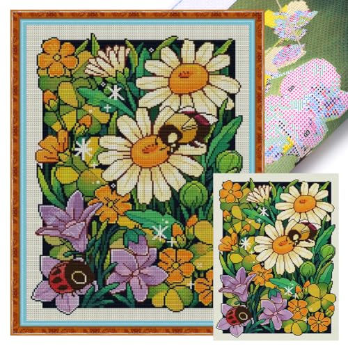 LYEAA Frühlingsblume Kreuzstich Malerei Vollstickerei Baumwollfaden 14CT Gedruckt Blumen Stich 35x47cm von LYEAA