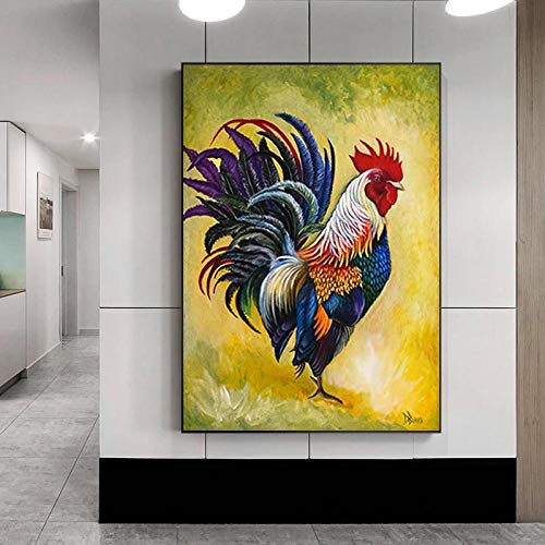 LYFCV Abstrakte Leinwand Malerei Bunte Hahn Bilder Wohnzimmer Drucke Tiere Huhn Poster Kunstdruck Wand Wohnkultur Hahn 60x80 cm Kein Rahmen von LYFCV