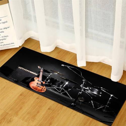 LYFDN Läufer Flur Teppich Gitarre und schwarzes Schlagzeug Küchenmatten Waschbarer, Wertvoll Verwenden Für Teppichlaeufer, rutschfest und Küchenläufer Nützlich Küchenteppich Waschbar 60 x 120cm von LYFDN