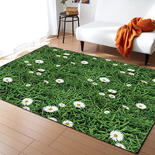 LYFDN Teppich Gänseblümchen aus grünem Gras Modern 3D Effekt Teppich für Flur, Schlafzimmer, Küche, Wohnzimmer Flanell Teppich Geeignet für Wohnkultur 80 x 150cm von LYFDN