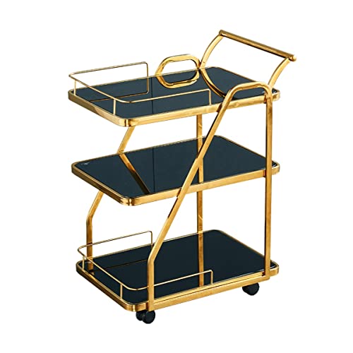 Barwagen 3-lagig Getränkewagen auf Rädern Servierwagen mit gehärtetem Glasablagen, Universal Lenkrollen mit Bremsen (Schwarz) von LYFDPN