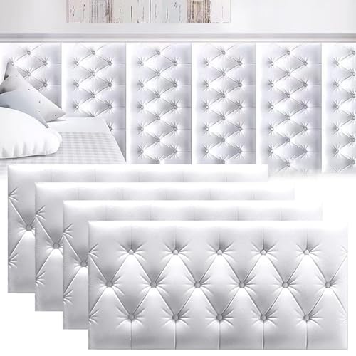 LYFDPN Kopfteil zum Schälen und Kleben, Schalldichte Wandpaneele 3D, Gepolstertes Wandpaneel, Antikollisions-Wandpolsterung Schlafzimmer (White 4 Pack) von LYFDPN