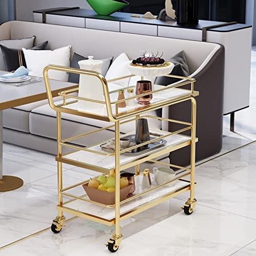 Trolley-Barwagen Goldener rollender Servierwagen Küche Metallrahmen Bar Servierwagen mit Leitplanke Mobiler Kaffee-Weinwagen auf Universalrädern (Gold 3) von LYFDPN