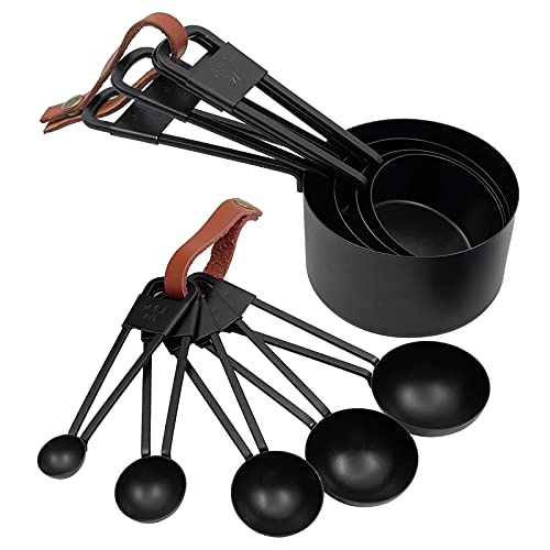 LYFJXX 9-teiliges schwarzes Edelstahl-Messbecher- und Löffel-Set, robustes Messbecher-Set von LYFJXX