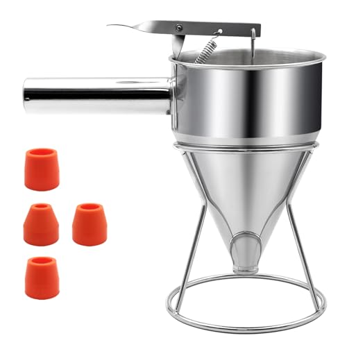 Edelstahl Pfannkuchenteigspender, 0.6L Trichterkuchenspender mit Ständer Hochleistungsbackwerkzeug für Cupcake Waffeln Kuchen von LYFJXX