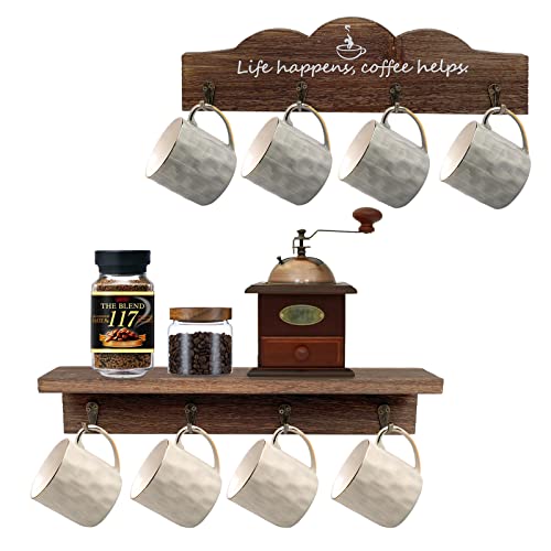 LYFJXX Kaffeetasse Halter Wandhalterung mit 8-Haken, 2-Pcs hölzerner Kaffeetasse Halter mit Kaffeezeichen, Teetasse Aufhänger für Bar Küche Organizer Display, Kaffeeecke Ecke Dekor (Brown-2pcs) von LYFJXX