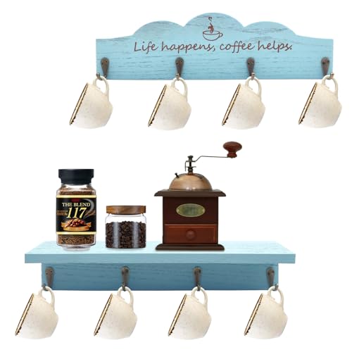 LYFJXX Kaffeetasse Halter Wandhalterung mit 8-Haken, 2-Pcs hölzerner Kaffeetasse Halter mit Kaffeezeichen, Teetasse Aufhänger für Bar Küche Organizer Display, Kaffeeecke Ecke Dekor (Blue-2pcs) von LYFJXX