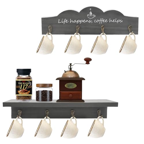 LYFJXX Kaffeetasse Halter Wandhalterung mit 8-Haken, 2-Pcs hölzerner Kaffeetasse Halter mit Kaffeezeichen, Teetasse Aufhänger für Bar Küche Organizer Display, Kaffeeecke Ecke Dekor (Grey-2pcs) von LYFJXX