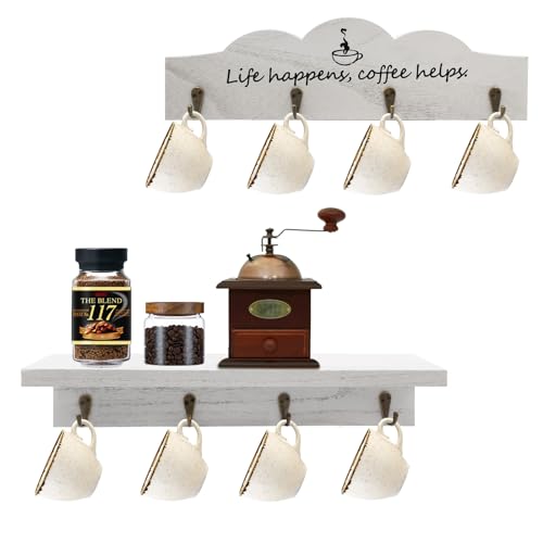 LYFJXX Kaffeetasse Halter Wandhalterung mit 8-Haken, 2-Pcs hölzerner Kaffeetasse Halter mit Kaffeezeichen, Teetasse Aufhänger für Bar Küche Organizer Display, Kaffeeecke Ecke Dekor (White-2pcs) von LYFJXX