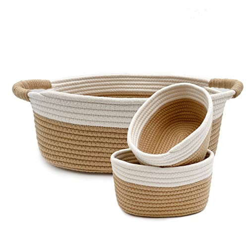Pack mit 3 Speicherkörben für Regale | Kleidung Aufbewahrungsboxen | Badezimmerlagerkorb | Seilspeicherkorb | Dekorative Aufbewahrungsbox -100% natürlicher Baumwollseilkorb mit Griffen(C style) von LYFJXX