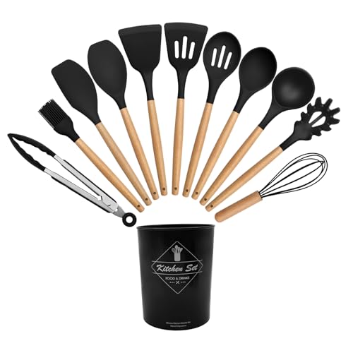 Kitchen Utensil Set, 12 Pieces Silicone Kitchen Utensils Set, Non-Stick Heat Resistant Wooden Handle Cooking Cutlery, Silicone Spatula Cookware, Cooking, Baking, Dishwasher Safe (Spatula-Black) von LYFJXX