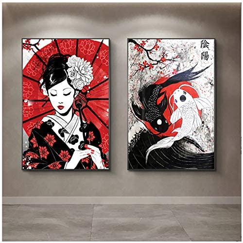 LYFWIN Japanische Geisha Leinwand Wand Bilder Yin-Yang Fisch Bild Geisha Poster & Kunstdrucke Bild FüR Wohnzimmer Schlafzimmer Wanddekor 60x80cmx2 Kein Rahmen von LYFWIN