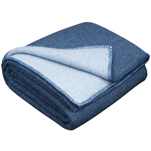 LYHome Merino Decke 80% Wolldecke - Reisedecke Picknickdecke Campingdecke, Militär Kuscheldecke Tagesdecke, Flauschig Schafwolldecke Sofadecke Blanket Outdoor Wohndecke (130x170 cm | Blau - Hellblau) von LYHome