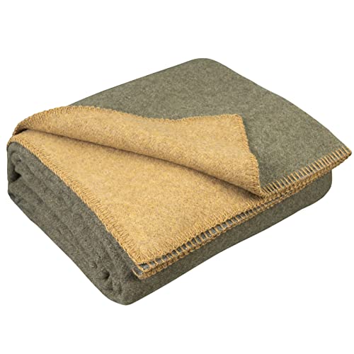 LYHome Merino Decke 80% Wolldecke - Reisedecke Picknickdecke Campingdecke, Militär Kuscheldecke Tagesdecke, Flauschig Schafwolldecke Sofadecke Blanket Outdoor Wohndecke (130x170 cm | Olivgrün - Senf) von LYHome