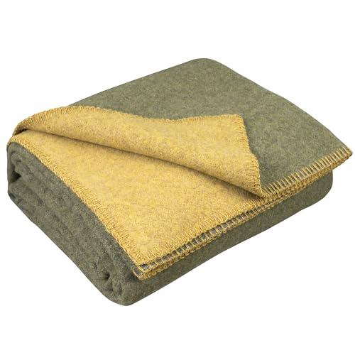 LYHome Merino Decke Wolldecke - Reisedecke Picknickdecke Campingdecke, Militär Kuscheldecke Tagesdecke, Flauschig Schafwolldecke Sofadecke Blanket Outdoor Wohndecke (130x170 cm | Olivgrün - Senf) von LYHome