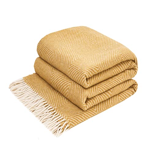 LYHome Merino Decke - Kuscheldecke Tagesdecke Sofa Wolldecke, Blanket Überwurfdecke Sofadecke Wohndecke, Flauschige Couchdecke Merinodecke, Flauschig Warm Plaid (140x200 cm | Senfgelb mit Weiß Rauten) von LYHome