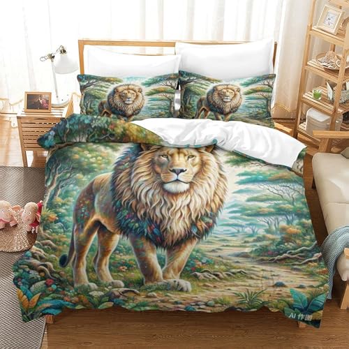 LYJSMDAAA African Lion 3D Gedruckter Bettbezug Set Bettwäschegarnitur Mädchen Junge Kinder Bettwäsche Und Kissenbezüge Reissverschluss Weich Microfaser 3 Teilig King（220x240cm） von LYJSMDAAA